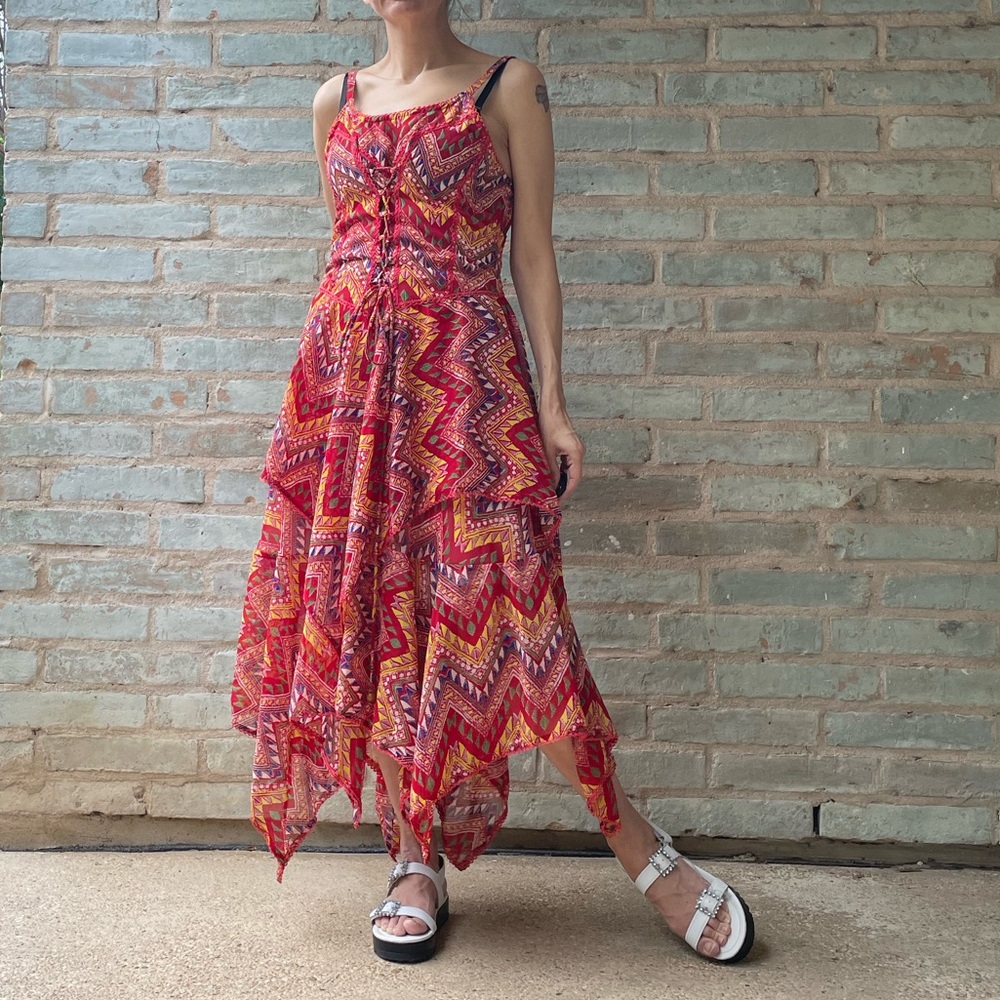 Tiered Maxi Dress Boho Red Lace Up Ruffled Handkerchief Hem Midi Sundress